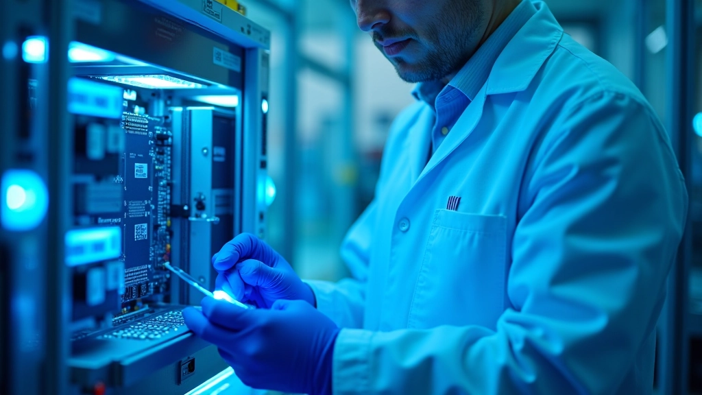Modernā laboratorija ar kvantu skaitļošanas iekārtu, zilo gaismu un elektroniskajiem komponentiem uz metāla galds